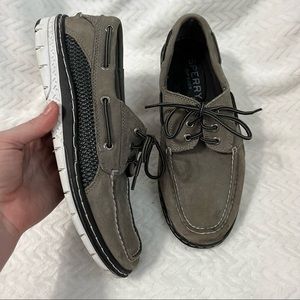 Sperry Topsider Gray Leather Boat Shoes Lace Up Men’s Sailor Slip Ons Size 8.5M